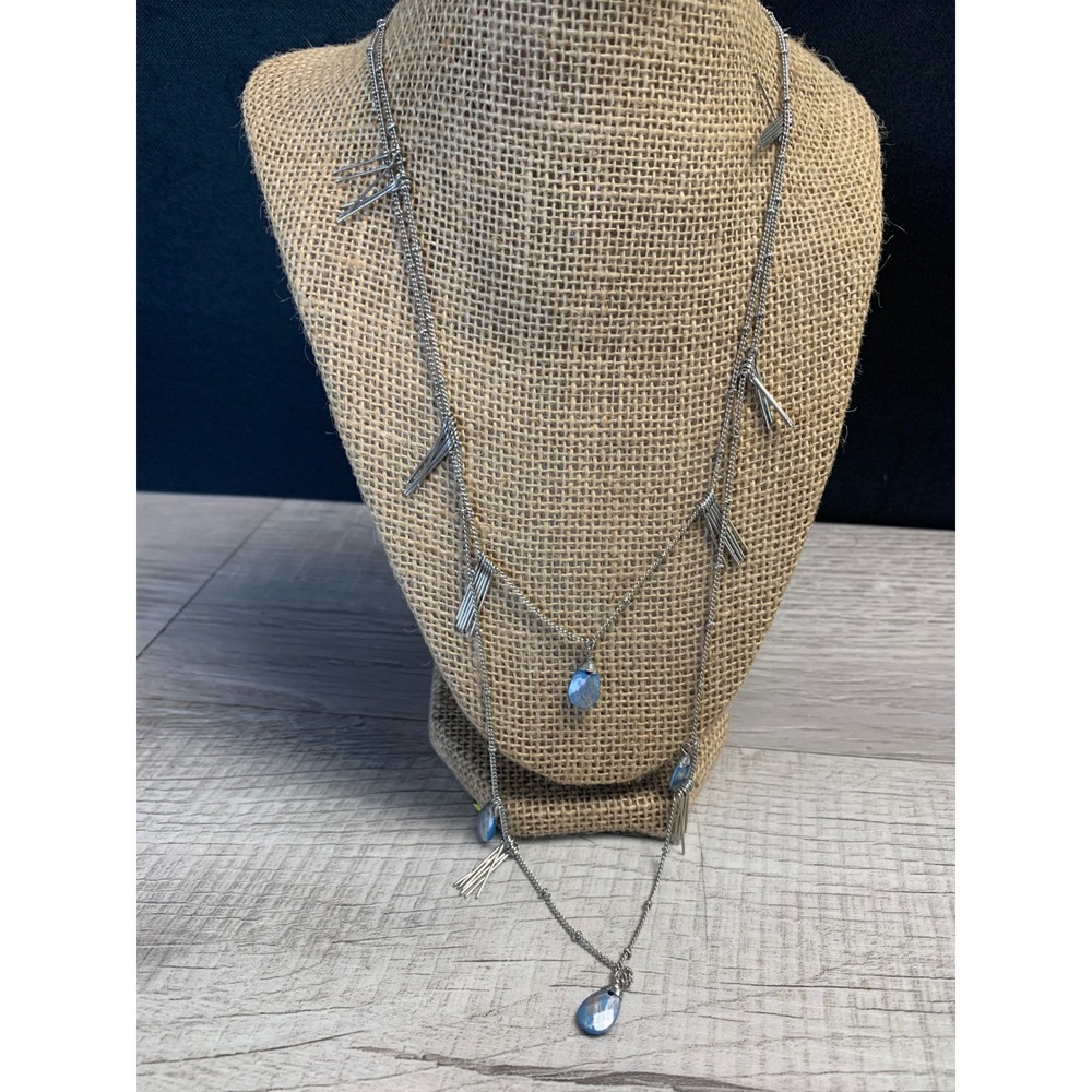 Silver Tone Double Layer Necklace Blue Teardrop Stone Metallic Fringe 20"